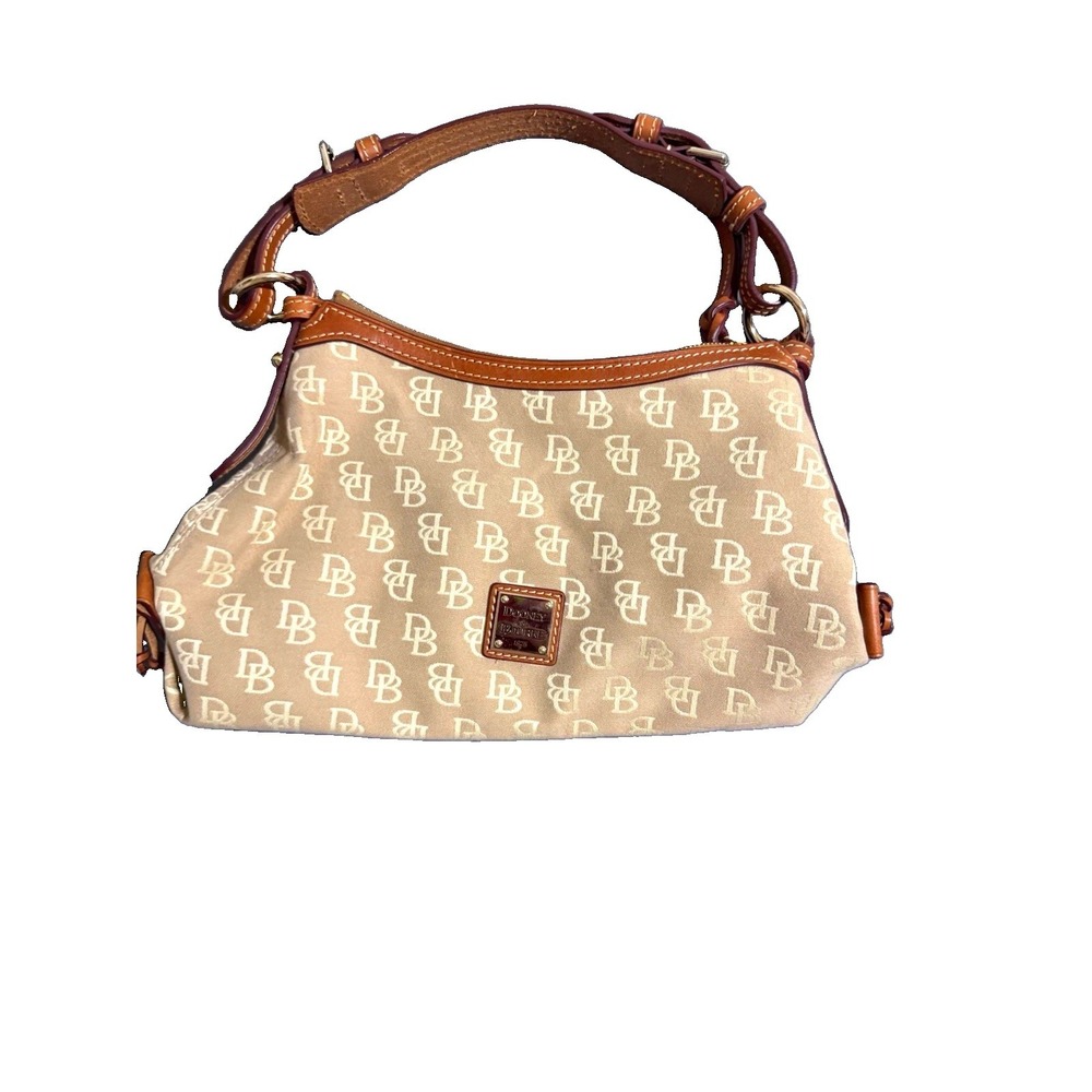 Dooney & Bourke Signature DB Monogram Canvas Shoulder Bag Beige Brown Leather